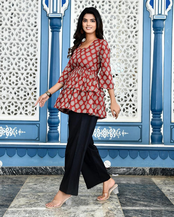 Rust Handblock-Style Paisley Print Short Kurti