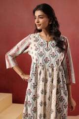 Ivory Traditional Booti Print Gathered Kurti
