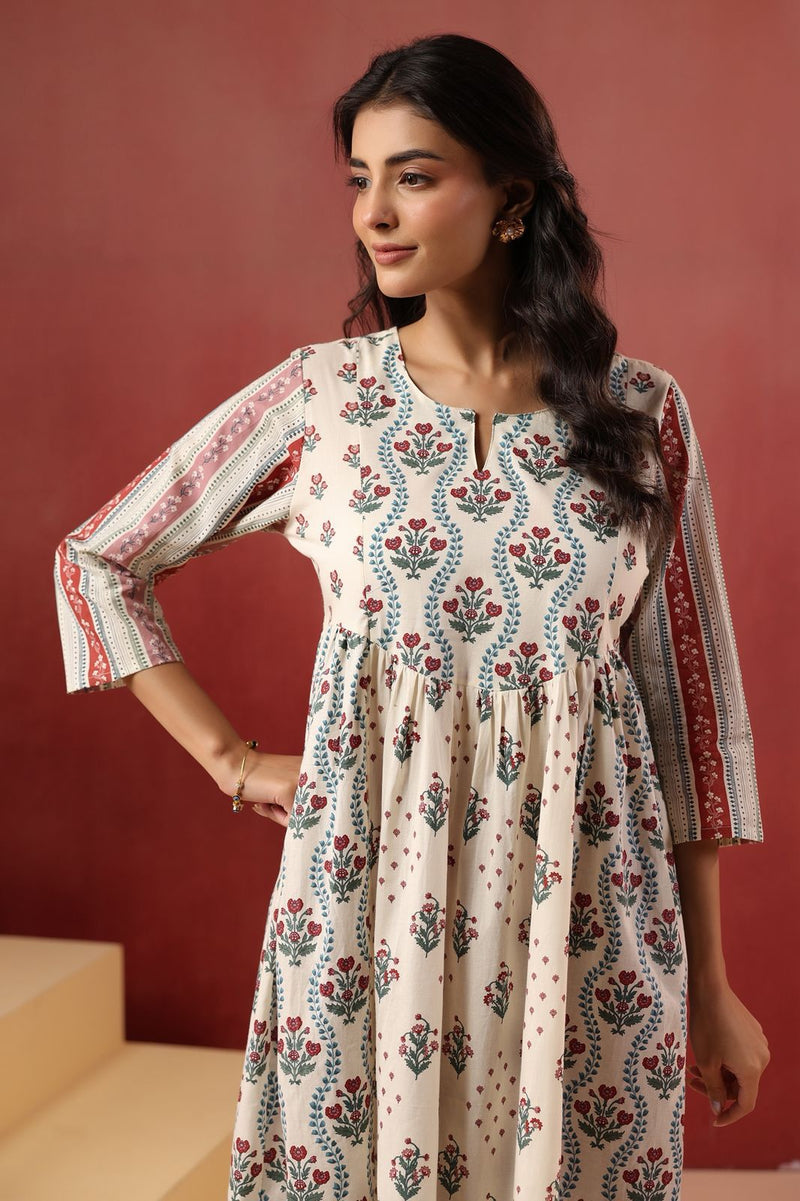 Ivory Traditional Booti Print Gathered Kurti