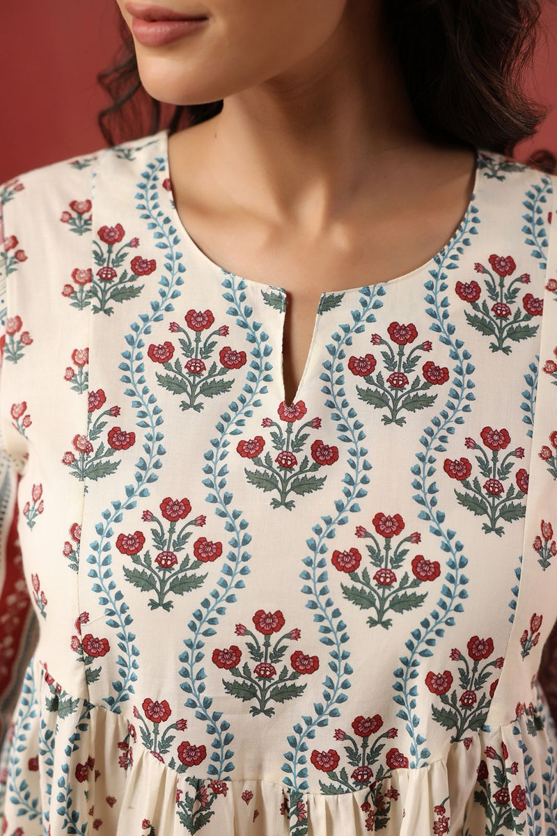 Ivory Traditional Booti Print Gathered Kurti