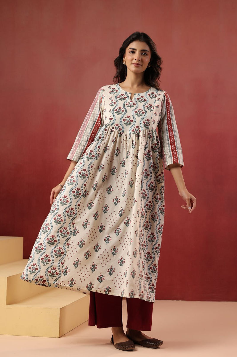 Ivory Traditional Booti Print Gathered Kurti