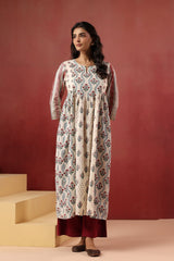 Ivory Traditional Booti Print Gathered Kurti