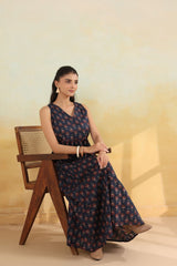 Ink Blue Handblock-Style Printed Long Dress