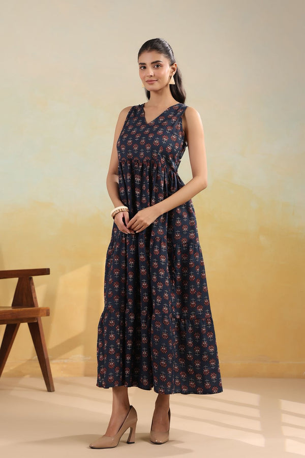 Ink Blue Handblock-Style Printed Long Dress