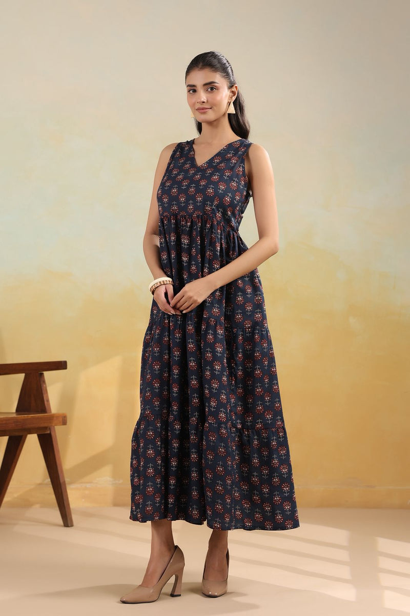 Ink Blue Handblock-Style Printed Long Dress