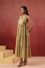 Yellow Floral Handblock Style Long Dress