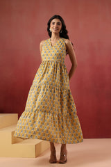 Yellow Floral Handblock Style Long Dress
