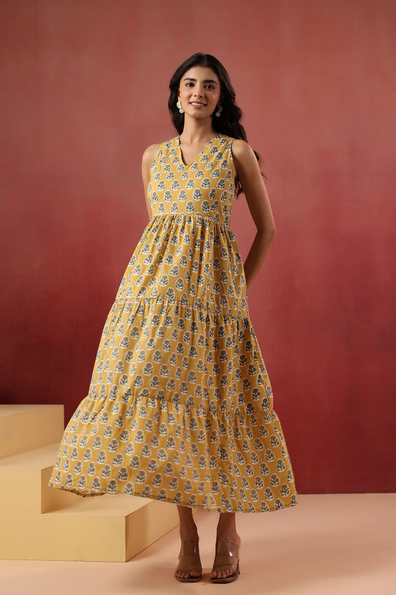 Yellow Floral Handblock Style Long Dress