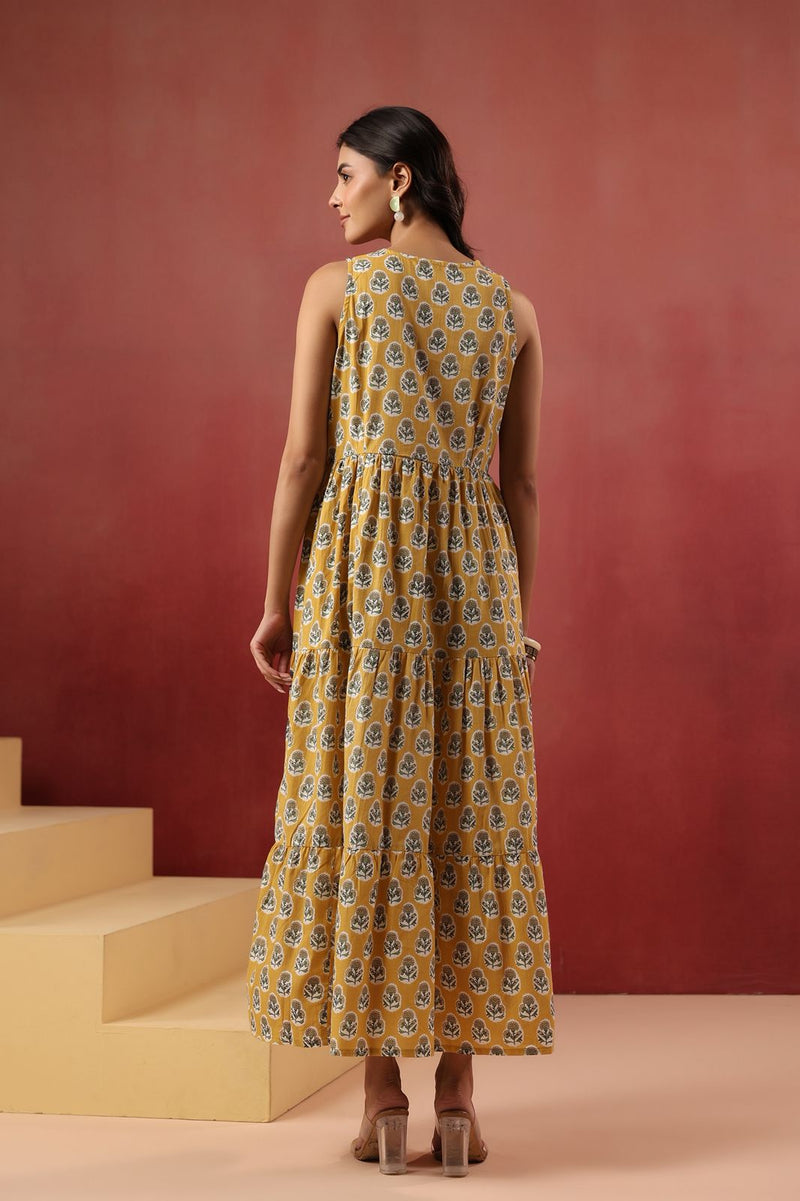 Yellow Floral Handblock Style Long Dress