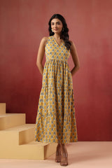 Yellow Floral Handblock Style Long Dress