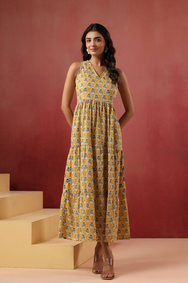 Yellow Floral Handblock Style Long Dress
