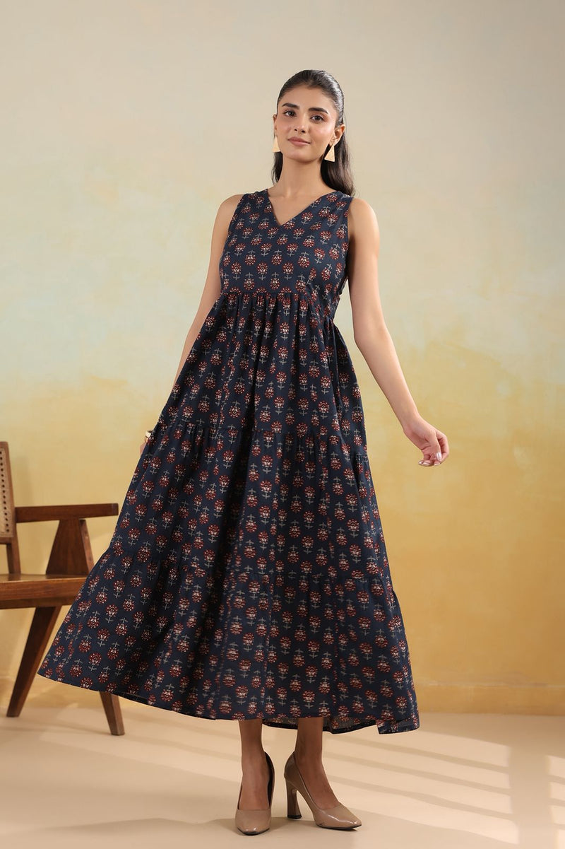 Ink Blue Handblock-Style Printed Long Dress