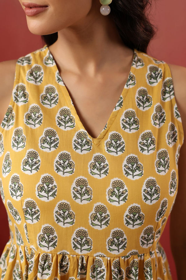 Yellow Floral Handblock Style Long Dress