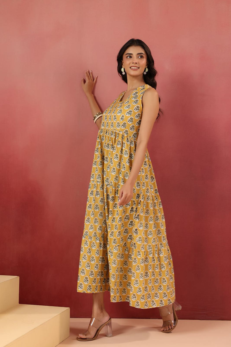 Yellow Floral Handblock Style Long Dress