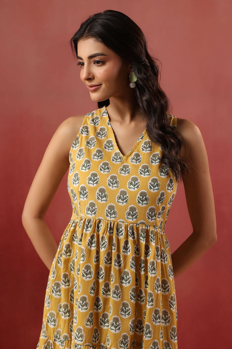Yellow Floral Handblock Style Long Dress