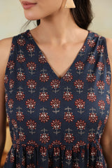 Ink Blue Handblock-Style Printed Long Dress