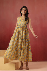 Yellow Floral Handblock Style Long Dress