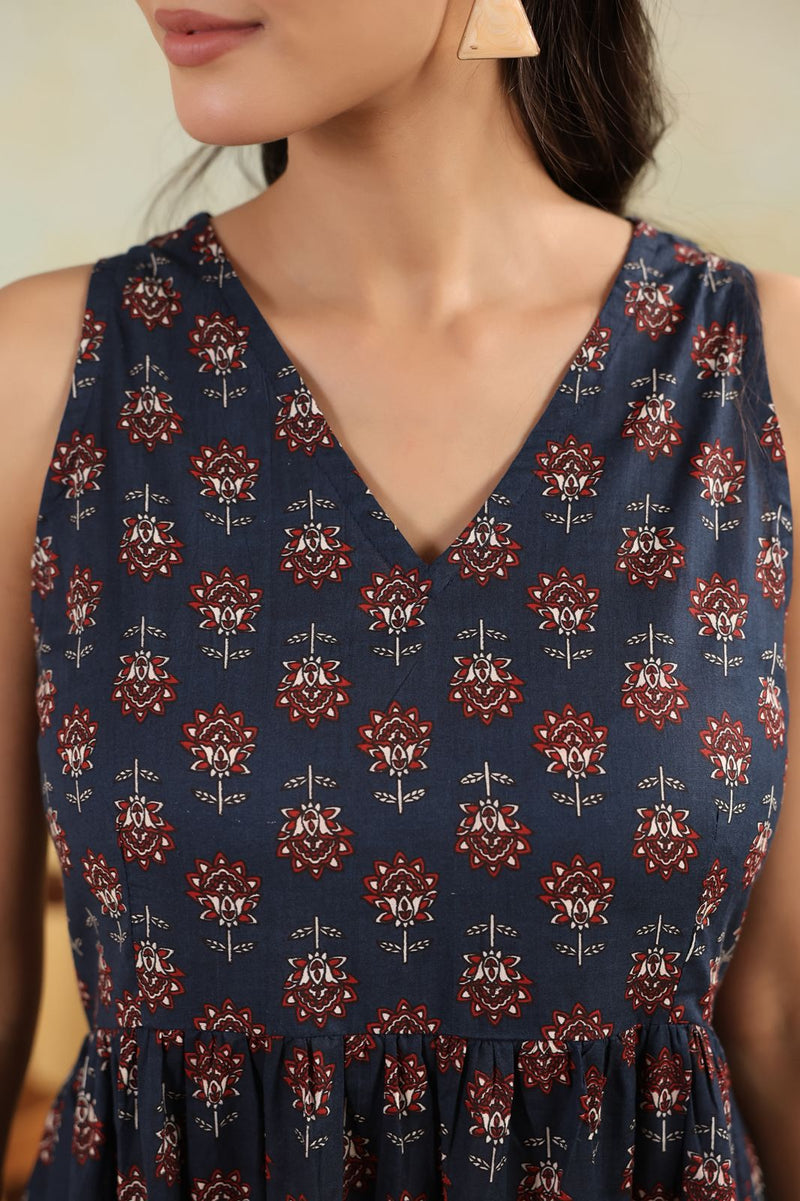 Ink Blue Handblock-Style Printed Long Dress