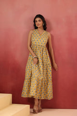 Yellow Floral Handblock Style Long Dress