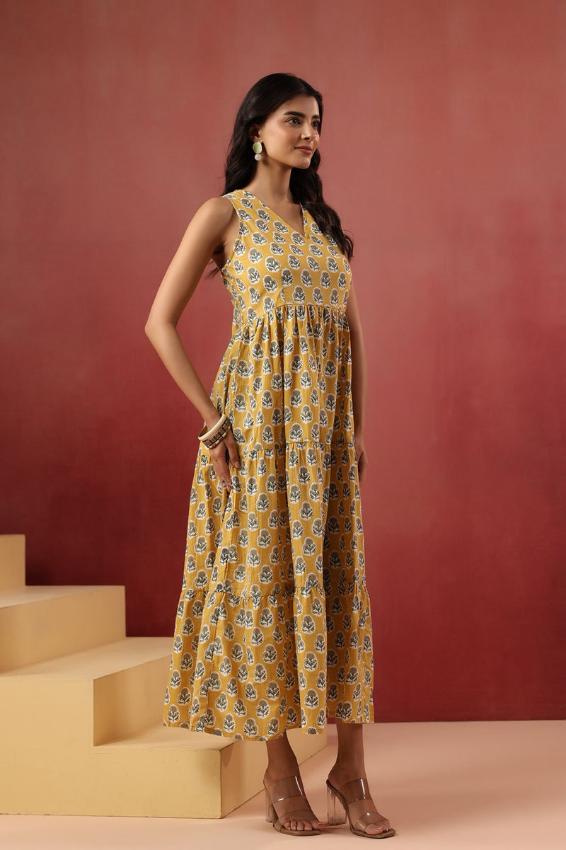 Yellow Floral Handblock Style Long Dress