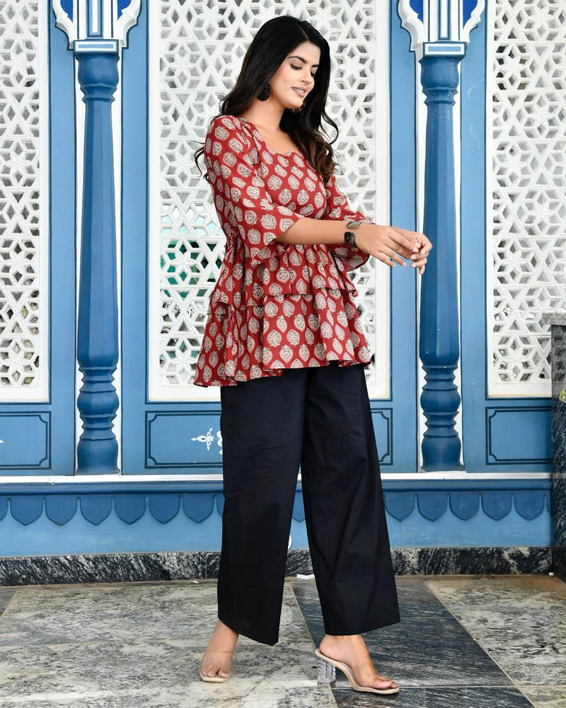 Rust Handblock-Style Paisley Print Short Kurti
