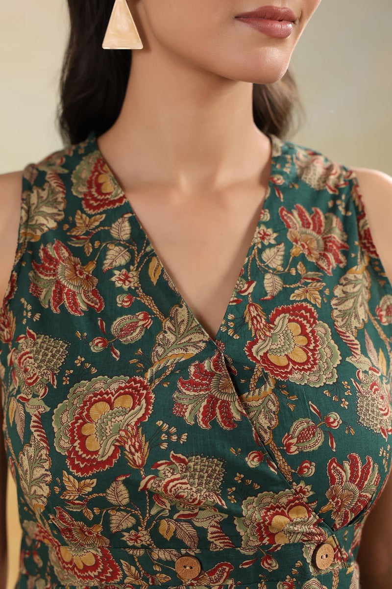 Forest Green Floral Flair Sleeveless Long Dress