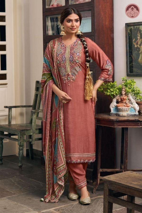 Kunica coral embroidered suit set with dupatta