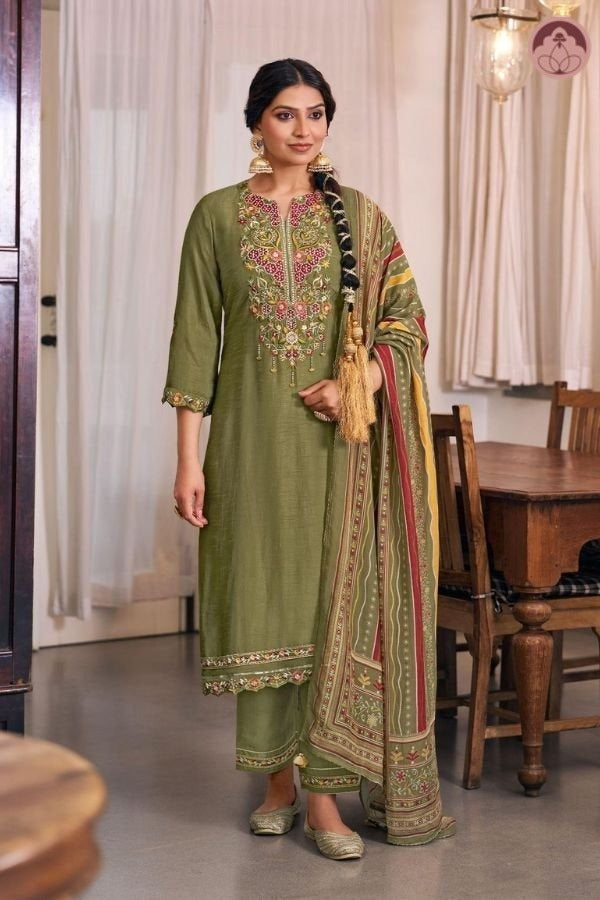 Kunica Green Embroidered Suit Set With Dupatta