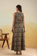 Forest Green Floral Flair Sleeveless Long Dress