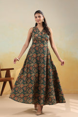 Forest Green Floral Flair Sleeveless Long Dress