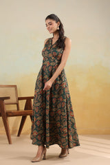 Forest Green Floral Flair Sleeveless Long Dress