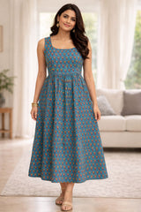 Saanjh Blue Blossom Ethnic Cotton Long Dress