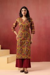 Berni Mustard floral cotton long kurta