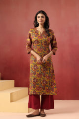 Berni Mustard floral cotton long kurta