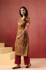 Berni Mustard floral cotton long kurta
