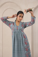 Elegant Pastel Aqua Floral Everyday Kurti