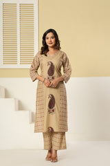 Meherzaad Royal Beige Kalamkari Suit Set with Cotton Dupatta