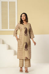 Meherzaad Royal Beige Kalamkari Suit Set with Cotton Dupatta