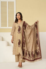 Meherzaad Royal Beige Kalamkari Suit Set with Cotton Dupatta