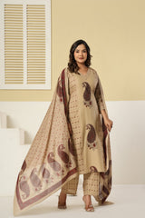 Meherzaad Royal Beige Kalamkari Suit Set with Cotton Dupatta