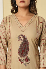 Meherzaad Royal Beige Kalamkari Suit Set with Cotton Dupatta
