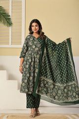 Aafreen Aura Festive Green Cotton Suit Set with Cotton Dupatta
