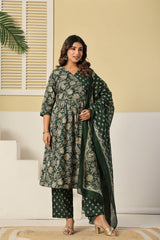 Aafreen Aura Festive Green Cotton Suit Set with Cotton Dupatta