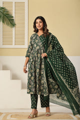 Aafreen Aura Festive Green Cotton Suit Set with Cotton Dupatta