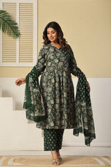 Aafreen Aura Festive Green Cotton Suit Set with Cotton Dupatta