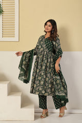 Aafreen Aura Festive Green Cotton Suit Set with Cotton Dupatta