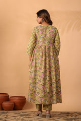 Noorvani Olive Garden Printed Cotton Suit Set With Cotton Dupatta