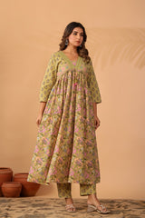 Noorvani Olive Garden Printed Cotton Suit Set With Cotton Dupatta