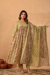 Noorvani Olive Garden Printed Cotton Suit Set With Cotton Dupatta