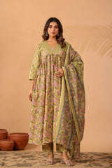 Noorvani Olive Garden Printed Cotton Suit Set With Cotton Dupatta